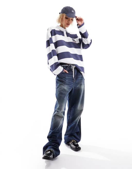 ASOS DESIGN – Granatowo-biała koszula w paski w stylu rugby z logo, 3 z 4
