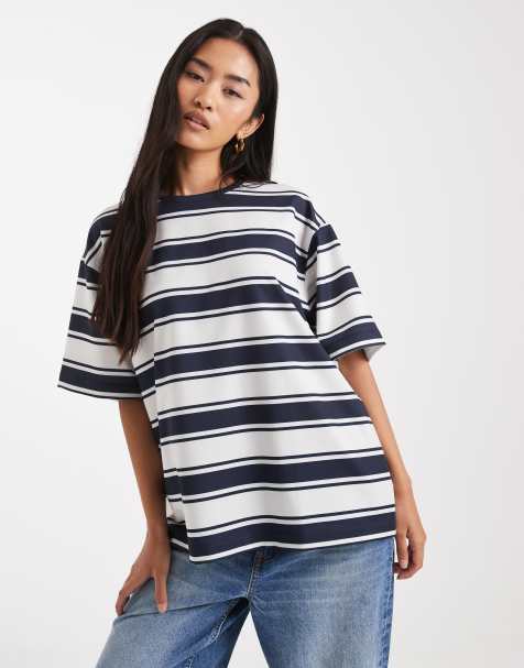 ASOS DESIGN – Granatowo-biały T-shirt oversize w paski - view 1