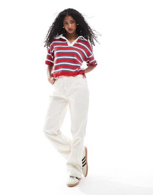 ASOS DESIGN – Granatowo-czerwony krótki top dzianinowy polo w paski, 4 z 4