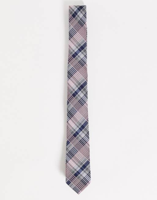 ASOS DESIGN – Granatowo-różowy wąski krawat ze wzorem w kratę
