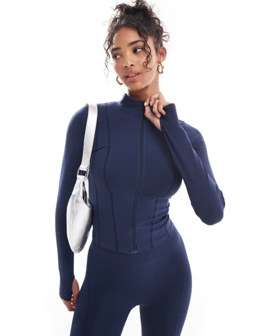 ASOS DESIGN – Granatowy, bezszwowy top o modelującym fasonie, z długimi rękawami i widocznymi szwami zapinany na zamek, część zestawu