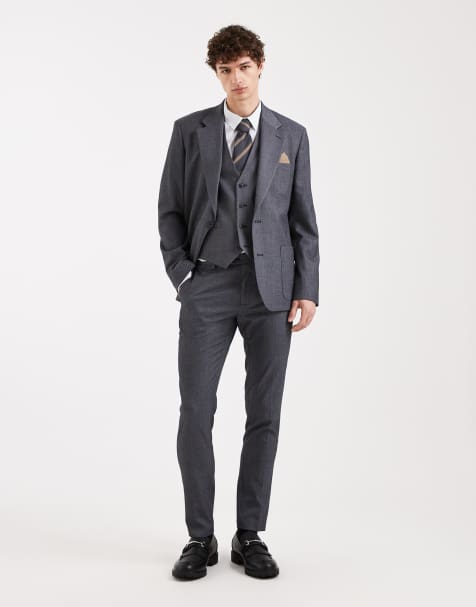 ASOS DESIGN – Granatowy dopasowany garnitur z imitacji wełny ze wzorem w jodełkę - view 1