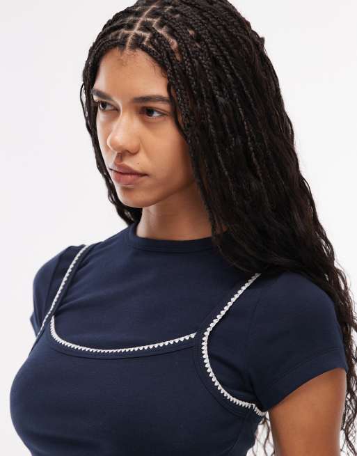 ASOS DESIGN – Granatowy dwuwarstwowy top z krótkimi rękawami, 2 z 4