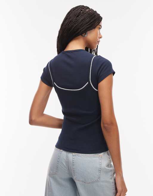 ASOS DESIGN – Granatowy dwuwarstwowy top z krótkimi rękawami, 4 z 4