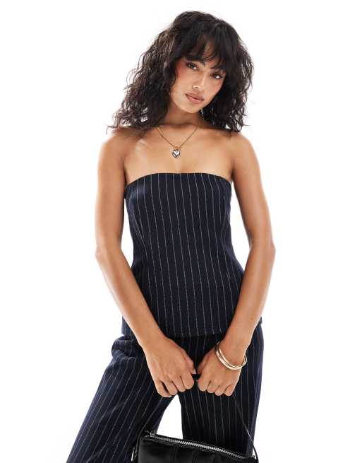 ASOS DESIGN – Granatowy dżersejowy top bandeau o wydłużonym fasonie w prążki, część zestawu