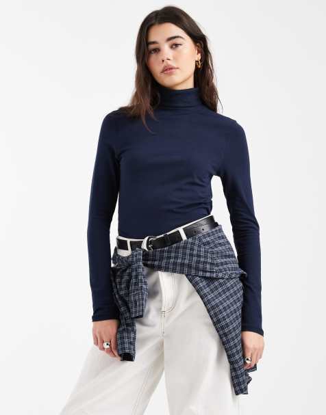 ASOS DESIGN – Granatowy dżersejowy top z golfem i długimi rękawami - view 1