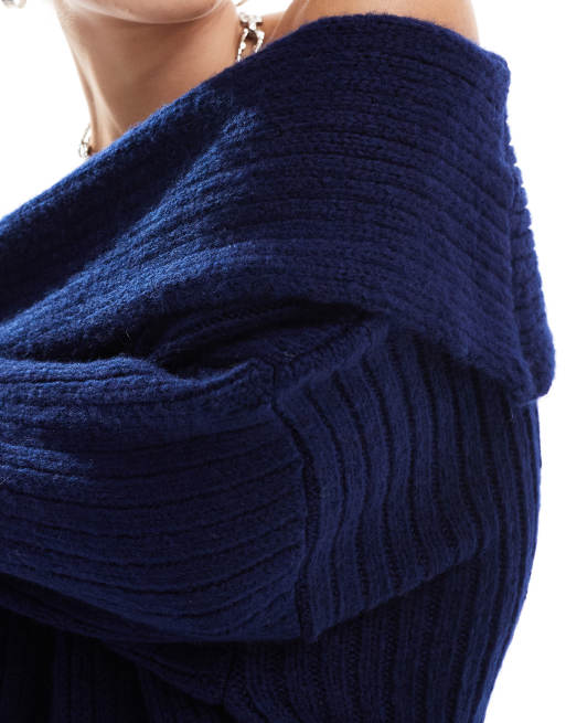 ASOS DESIGN – Granatowy dzianinowy sweter oversize z odsłoniętymi ramionami, 4 z 4
