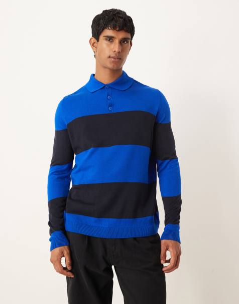 ASOS DESIGN relaxed knitted long sleeve stripe polo t-shirt in navy