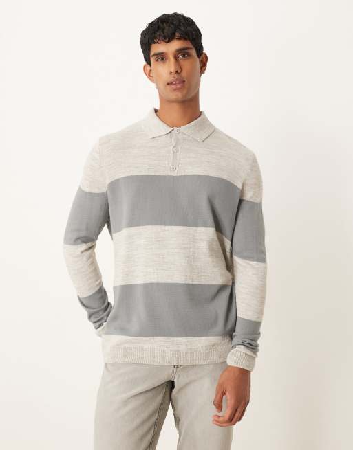 ASOS DESIGN – Granatowy dzianinowy T-shirt w paski o luźnym kroju z długimi rękawami i kołnierzykiem polo