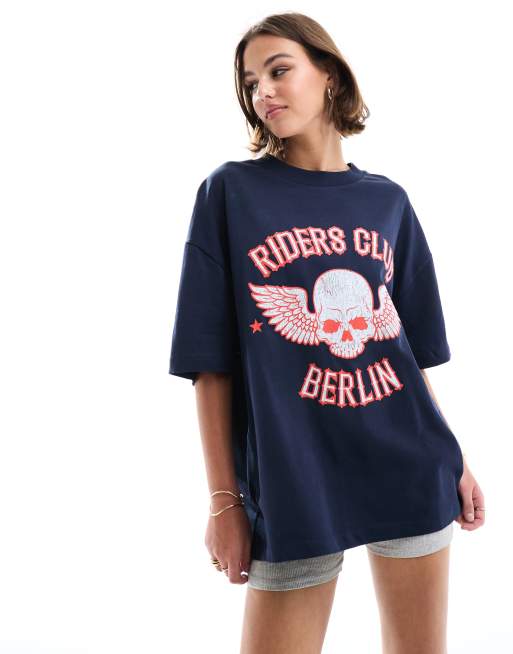 ASOS DESIGN – Granatowy gruby T-shirt o fasonie boyfriend z rockową grafiką „Riders Club“