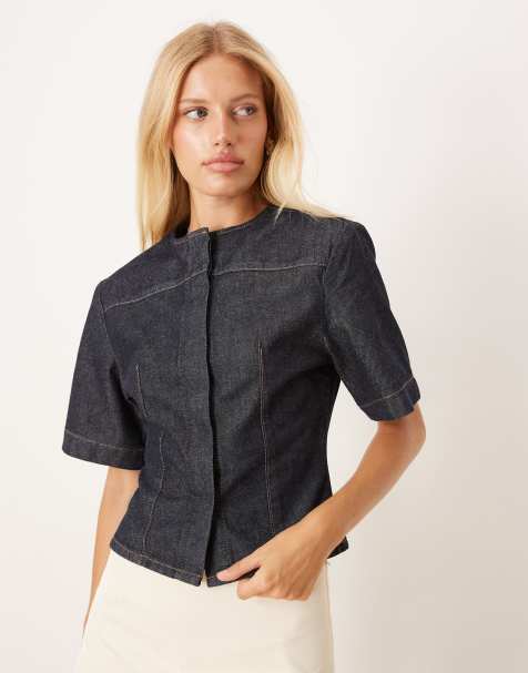 ASOS DESIGN denim collarless short sleeve top in indigo