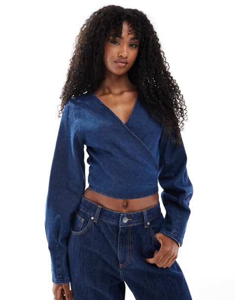 ASOS DESIGN denim long sleeve wrap top with pleat cuff detail in rinse