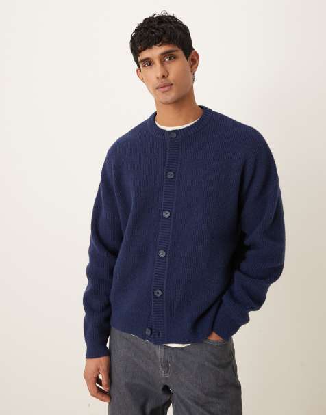 ASOS DESIGN – Granatowy kardigan oversize z okrągłym dekoltem z dzianiny z domieszką wełny o splocie angielskim - view 1