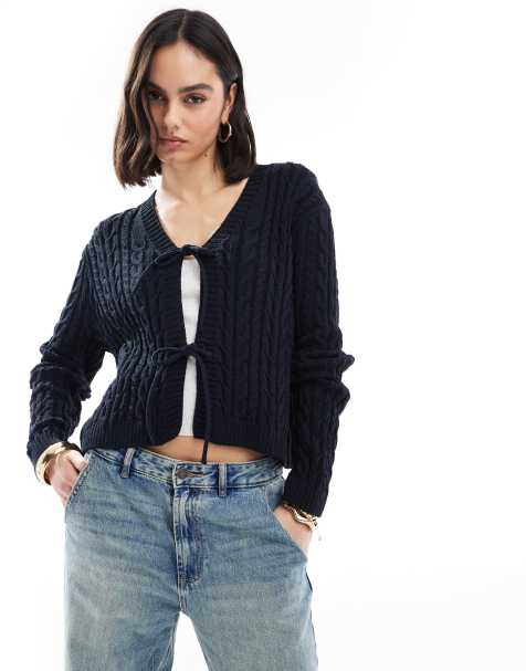 ASOS DESIGN tie front cardigan with cable stitch in navy