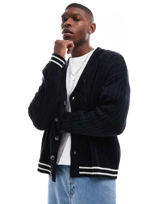 ASOS DESIGN – Granatowy kardigan z lamówkami w kolorze ecru o luźnym fasonie i pudełkowym kroju z dzianiny o warkoczowym splocie