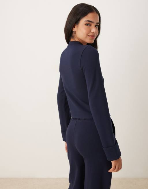 ASOS DESIGN – Granatowy kardigan z materiału interlock, z wywiniętymi mankietami, 4 z 4