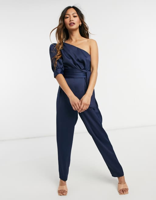 ASOS DESIGN – Granatowy kombinezon na jedno ramię z bufką