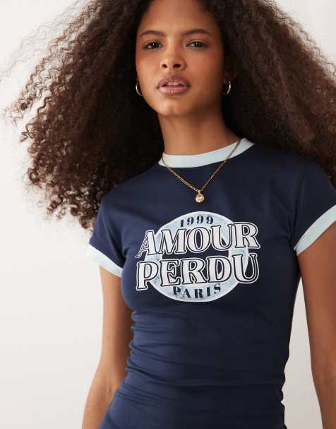 ASOS DESIGN – Granatowy krótki i obcisły T-shirt z grafiką „Amour Perdu” i lamówką - view 1