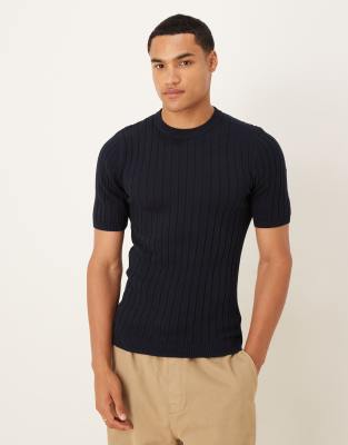 ASOS DESIGN – Granatowy lekki T-shirt z prążkowanej dzianiny o kroju podkreślającym sylwetkę