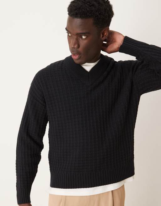 ASOS DESIGN – Granatowy luźny sweter pudełkowy z dzianiny o waflowej fakturze z dekoltem w szpic