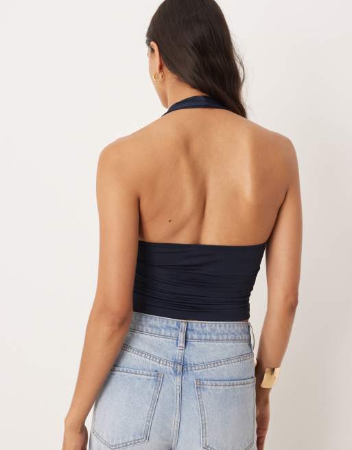ASOS DESIGN – Granatowy opinający top z dekoltem halter i drapowaniem w talii, 2 z 4