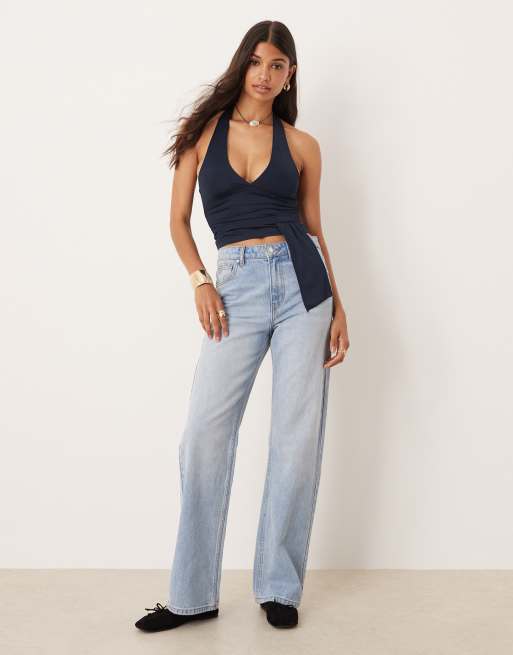 ASOS DESIGN – Granatowy opinający top z dekoltem halter i drapowaniem w talii, 4 z 4