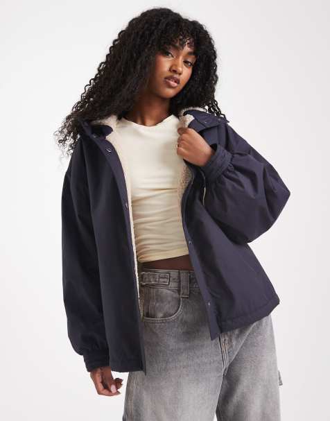 ASOS DESIGN oversized fleece lined rain coat in navy