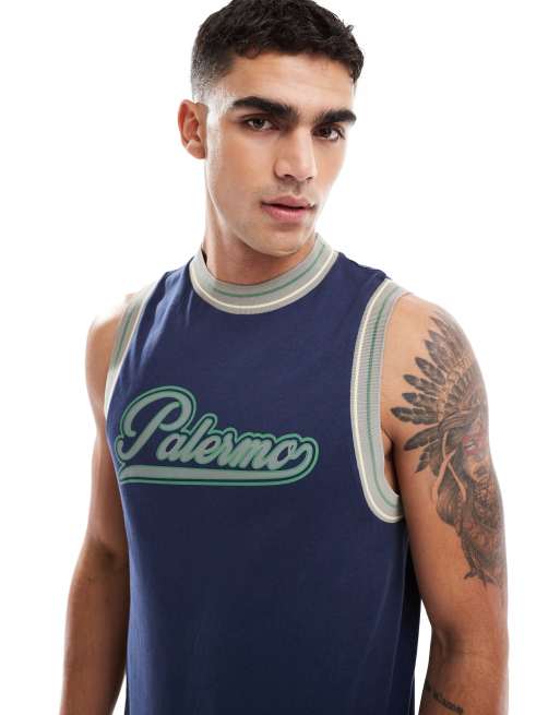 ASOS DESIGN – Granatowy podkoszulek ze sportową grafiką i lamówką , 3 z 4