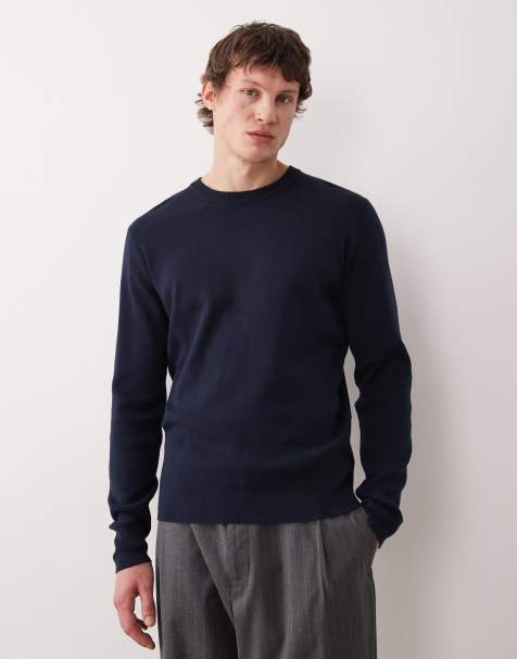 ASOS DESIGN – Granatowy prążkowany dzianinowy top basic z długim rękawem i okrągłym dekoltem - view 1