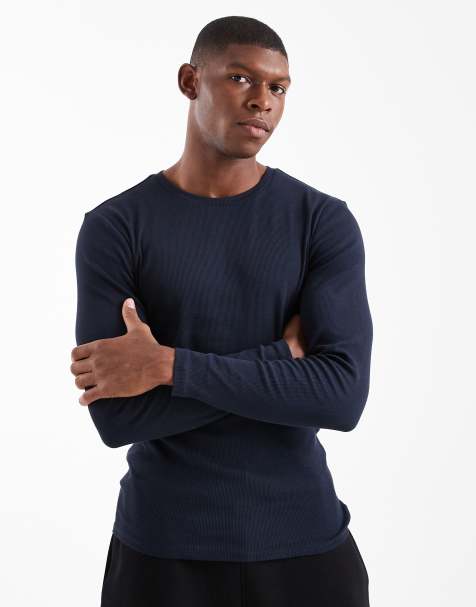 ASOS DESIGN Essentials muscle fit long sleeve t-shirt in navy rib 