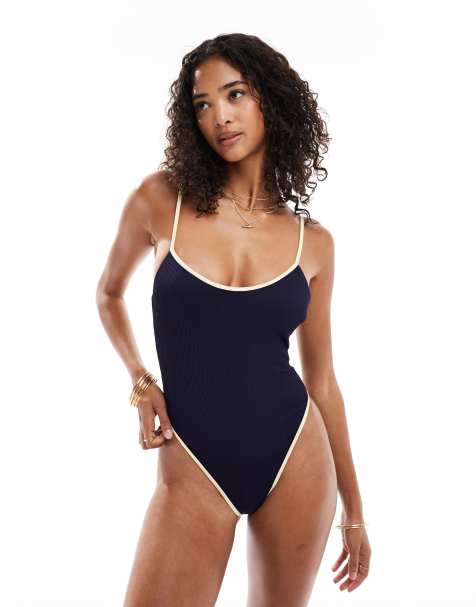 ASOS DESIGN – Granatowy prążkowany kostium kąpielowy z dekoltem w kształcie litery U i kontrastową lamówką - view 1