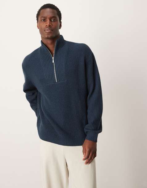 ASOS DESIGN – Granatowy prążkowany sweter oversize z dzianiny o splocie angielskim z zamkiem pod szyją - view 1