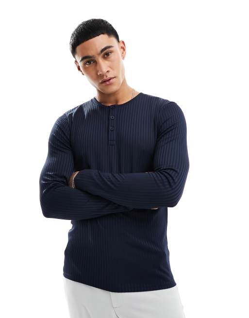 ASOS DESIGN – Granatowy prążkowany T-shirt o kroju podkreślającym sylwetkę z długimi rękawami i kołnierzem henley