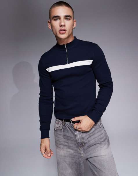 ASOS DESIGN – Granatowy prążkowany T-shirt o kroju podkreślającym sylwetkę z długimi rękawami i suwakiem pod szyją - view 1
