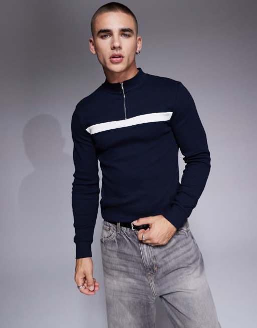 ASOS DESIGN – Granatowy prążkowany T-shirt o kroju podkreślającym sylwetkę z długimi rękawami i suwakiem pod szyją