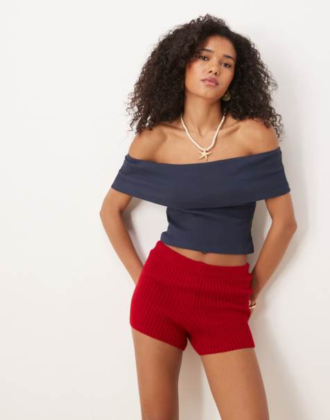 ASOS DESIGN – Granatowy prążkowany top z wywiniętym dekoltem bardot - view 1