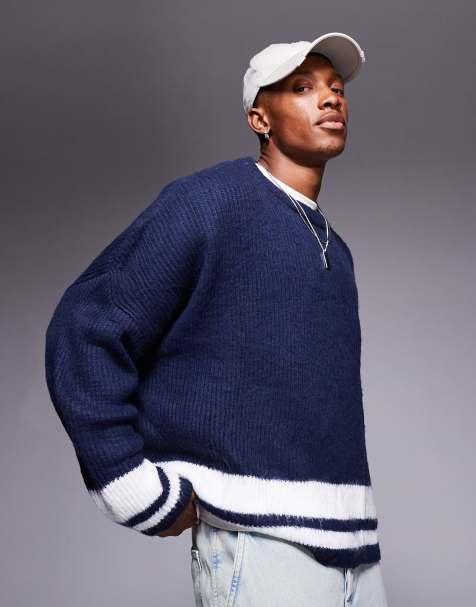 ASOS DESIGN – Granatowy pudełkowy sweter o fasonie super oversize z puszystej dzianiny z białą lamówką - view 1