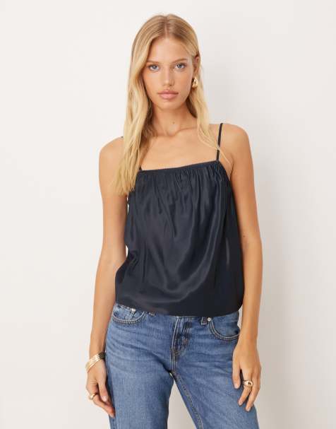 ASOS DESIGN satin cami with lingerie details in navy