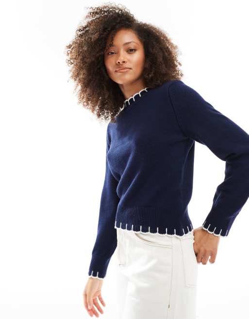 ASOS DESIGN – Granatowy sweter dzianinowy z ozdobnym obszyciem