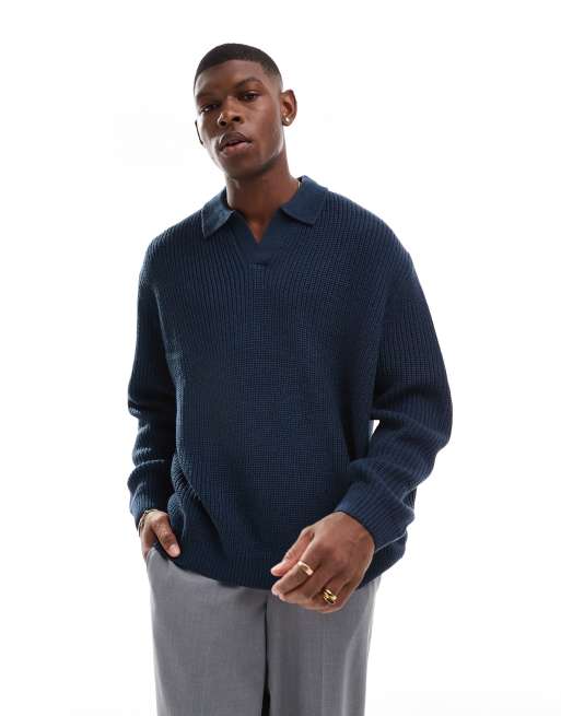 ASOS DESIGN – Granatowy sweter oversize z prążkowanej dzianiny o splocie angielskim z dekoltem w szpic