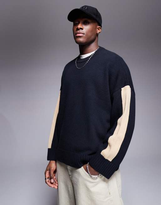 ASOS DESIGN – Granatowy sweter super oversize z okrągłym dekoltem i paskami wzdłuż rękawów