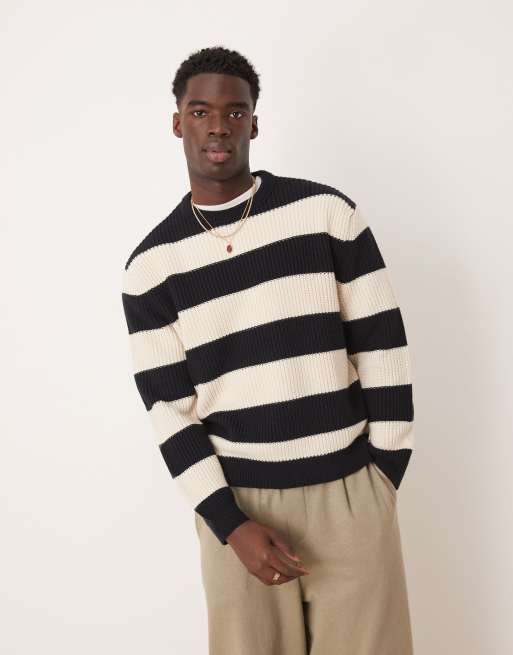 ASOS DESIGN – Granatowy sweter w paski o pudełkowym kroju oversize z prążkowanej dzianiny o splocie angielskim