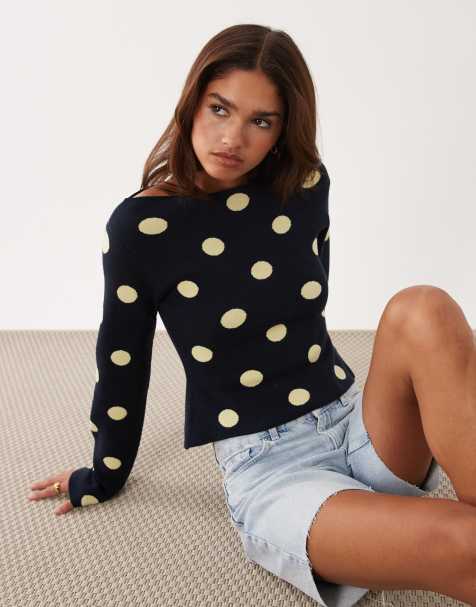 ASOS DESIGN – Granatowy sweter z dekoltem w łódkę z dzianiny o delikatnym splocie ze wzorem w groszki - view 1