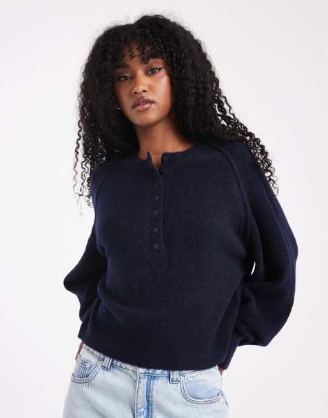ASOS DESIGN – Granatowy sweter z długimi rękawami i dekoltem typu henley - view 1