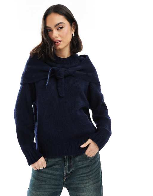 ASOS DESIGN – Granatowy sweter z dzianiny z okrągłym dekoltem i ozdobnym wiązaniem