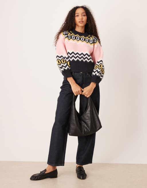 ASOS DESIGN – Granatowy sweter z okrągłym dekoltem w geometryczny skandynawski wzór, 2 z 4