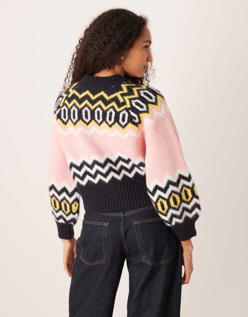ASOS DESIGN – Granatowy sweter z okrągłym dekoltem w geometryczny skandynawski wzór, 3 z 4