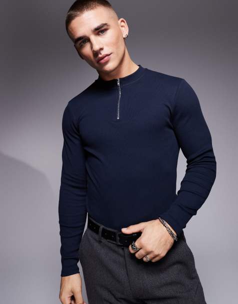 ASOS DESIGN muscle fit long sleeve t-shirt with half zip in navy