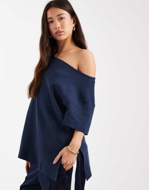 ASOS DESIGN – Granatowy T-shirt o waflowej fakturze z odsłoniętym ramieniem - view 1