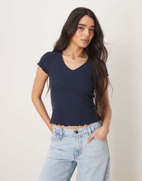 ASOS DESIGN – Granatowy T-shirt o waflowej strukturze z dekoltem w kształcie litery V i wykończeniem ze szwem overlock - view 1